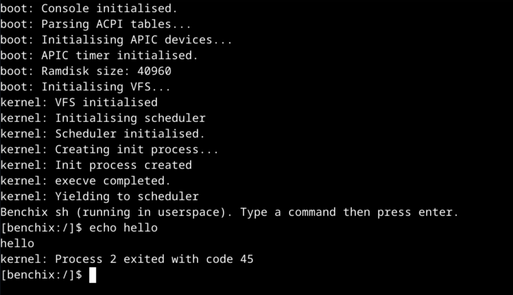 screen capture of benchix output on QEMU
